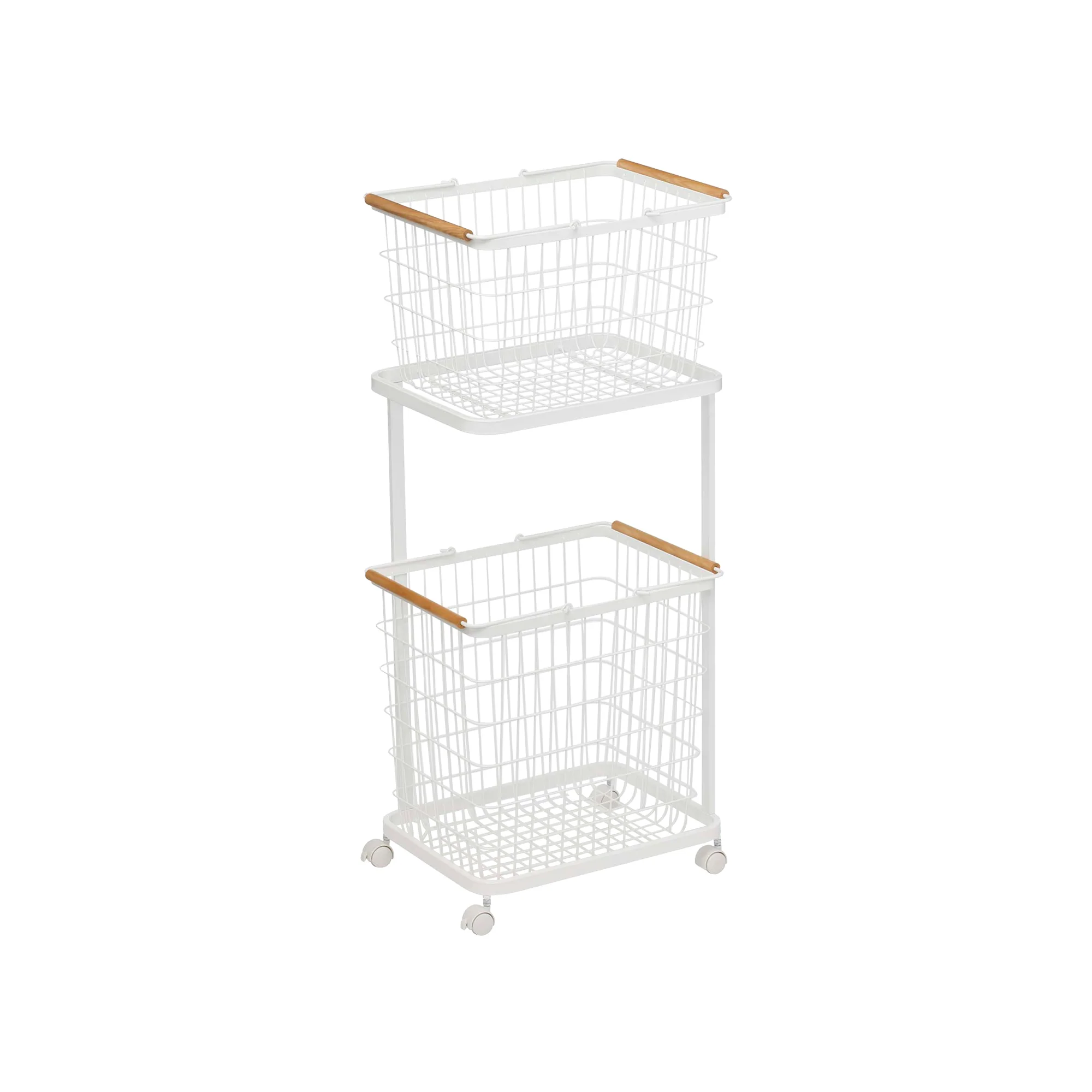 Rolling Laundry Cart + Wire Baskets (38" H) - Steel + Wood - Image 3