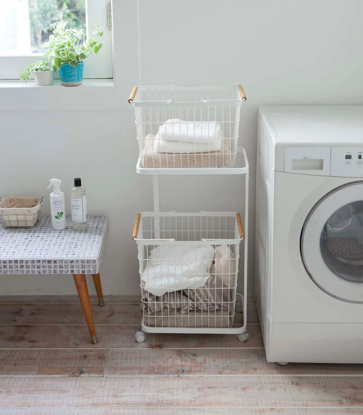 Rolling Laundry Cart + Wire Baskets (38" H) - Steel + Wood - Image 4