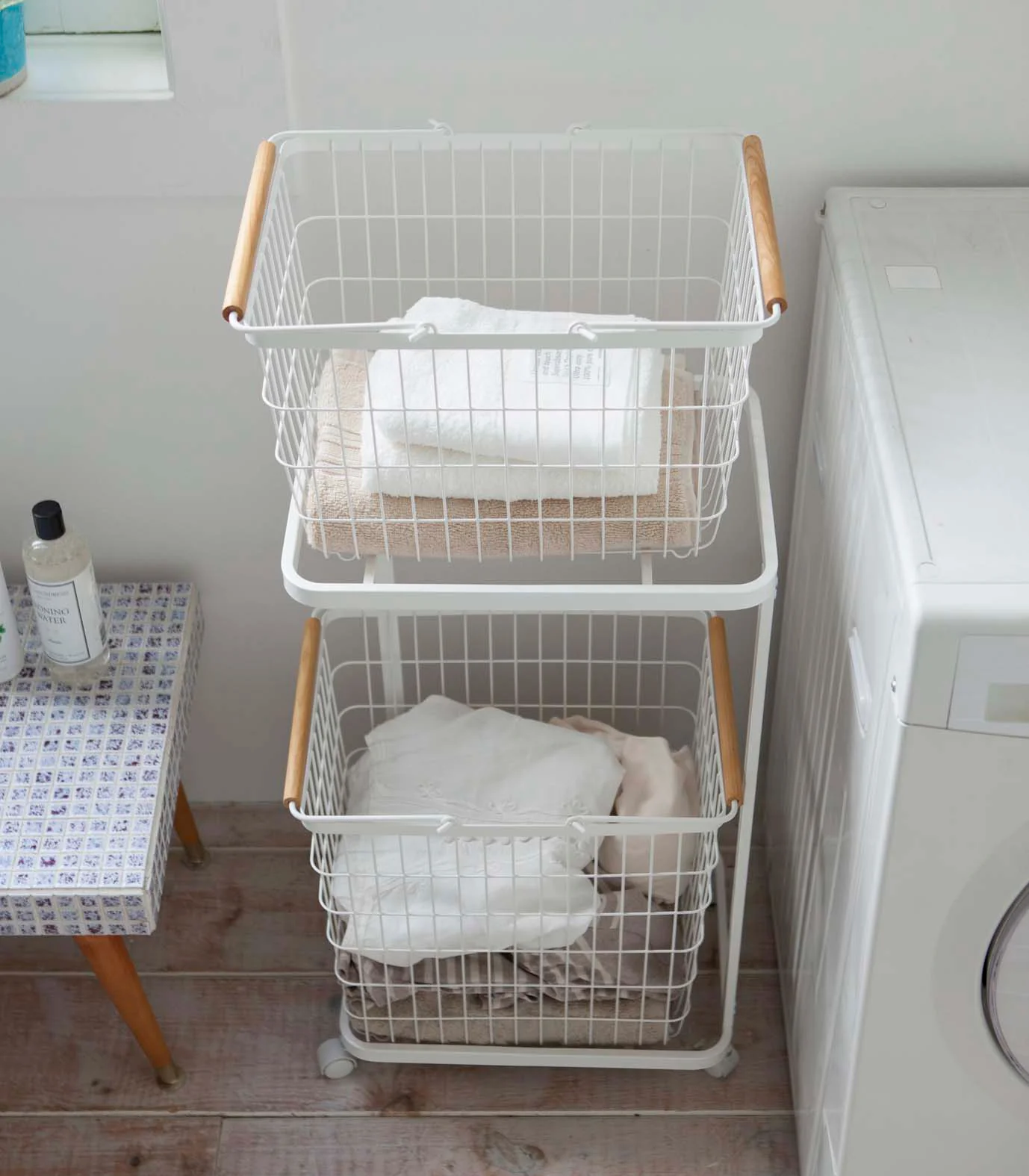 Rolling Laundry Cart + Wire Baskets (38" H) - Steel + Wood - Image 5