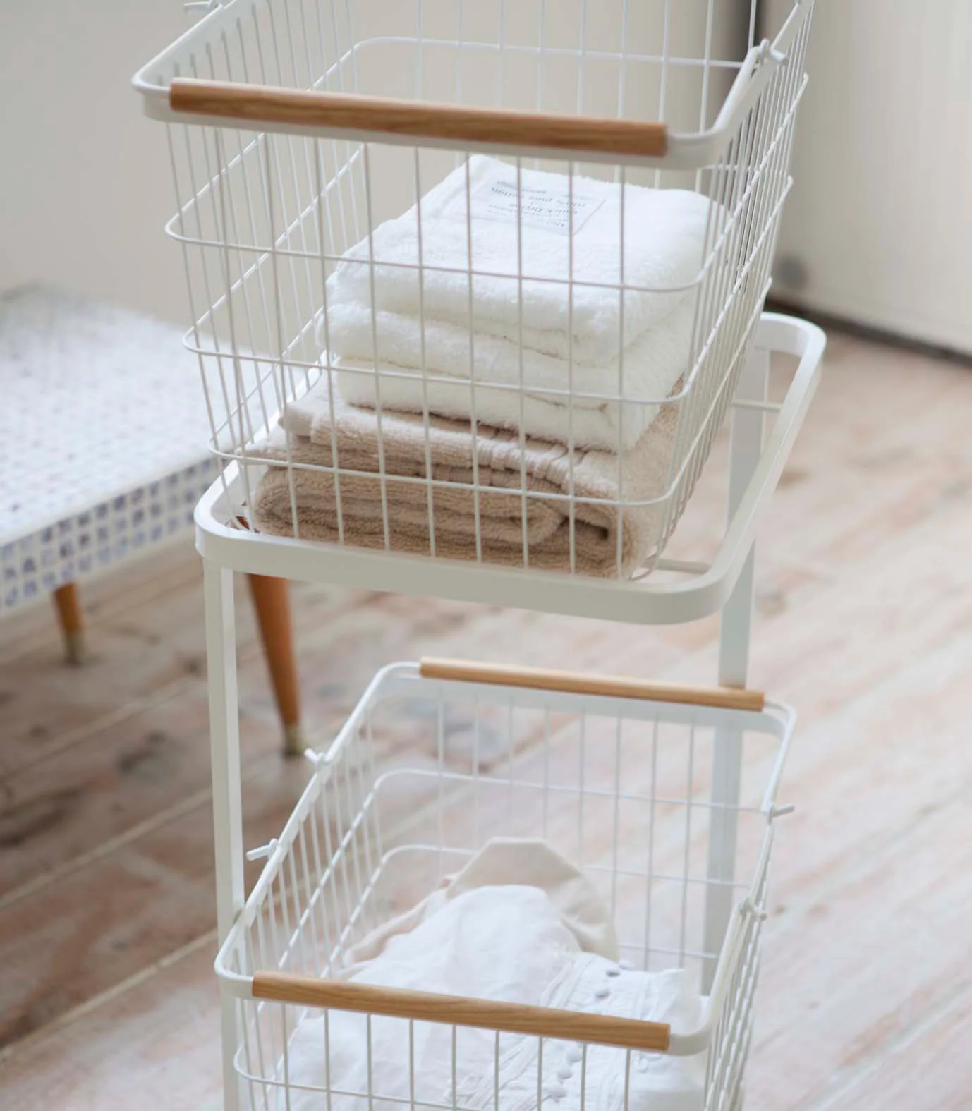 Rolling Laundry Cart + Wire Baskets (38" H) - Steel + Wood - Image 6
