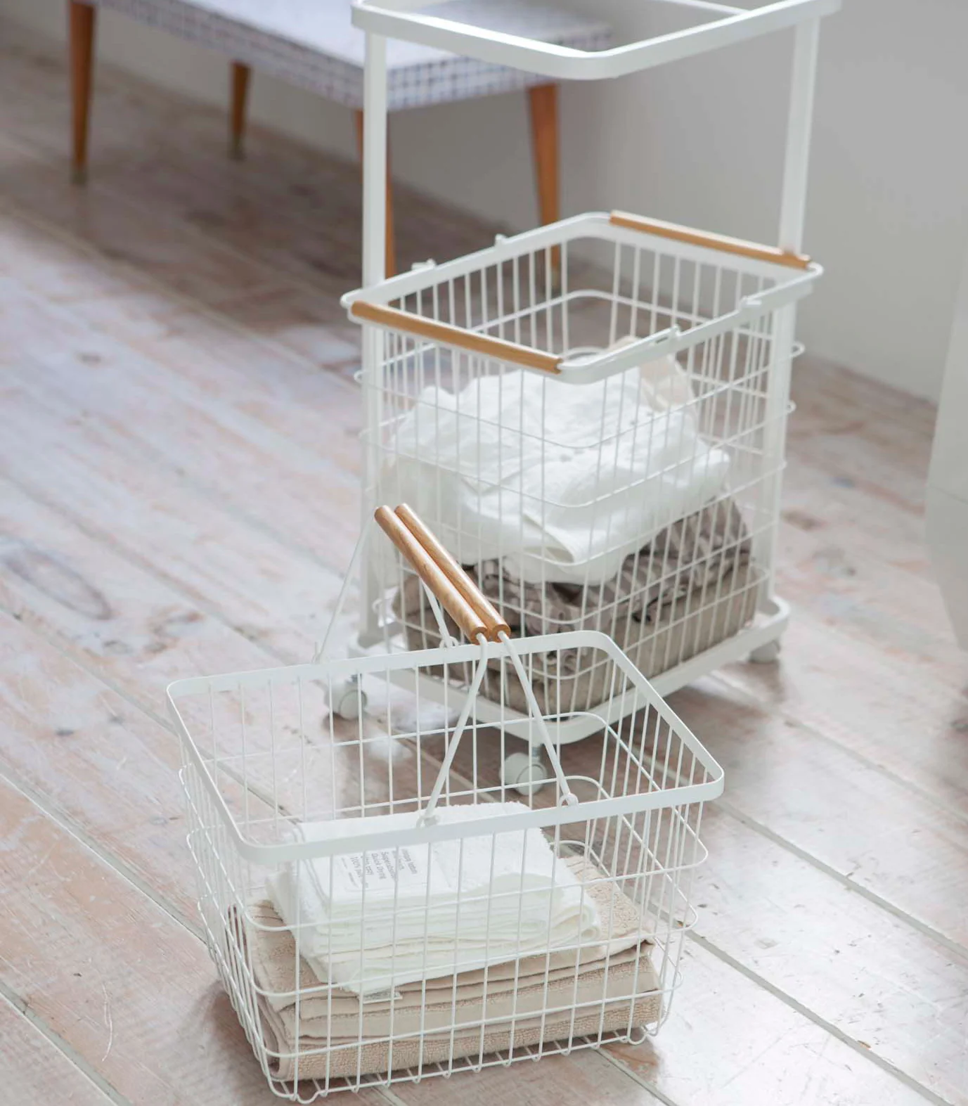 Rolling Laundry Cart + Wire Baskets (38" H) - Steel + Wood - Image 7