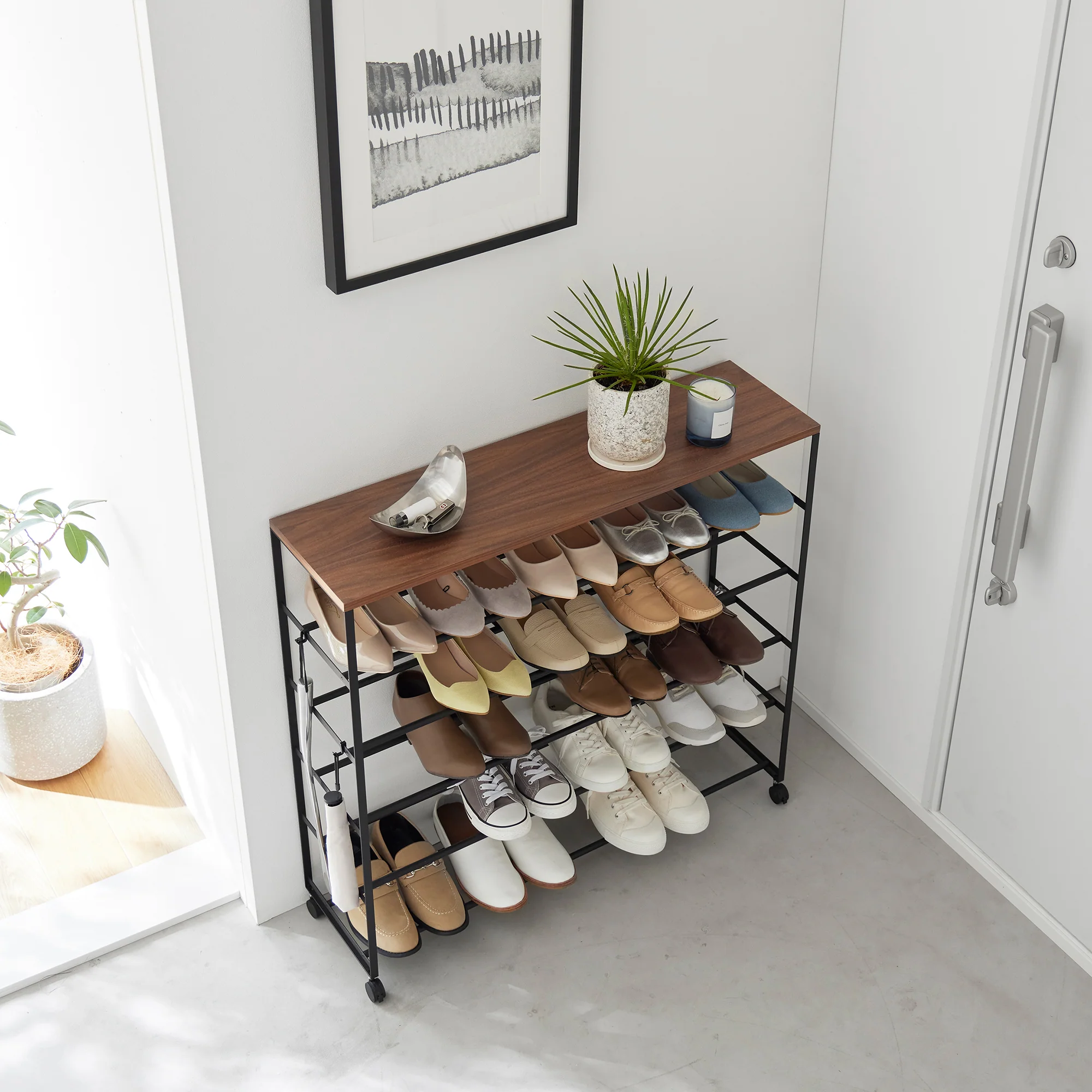 Rolling Five-Tier Shoe Rack (34.25" H) - Steel + Wood - Image 10