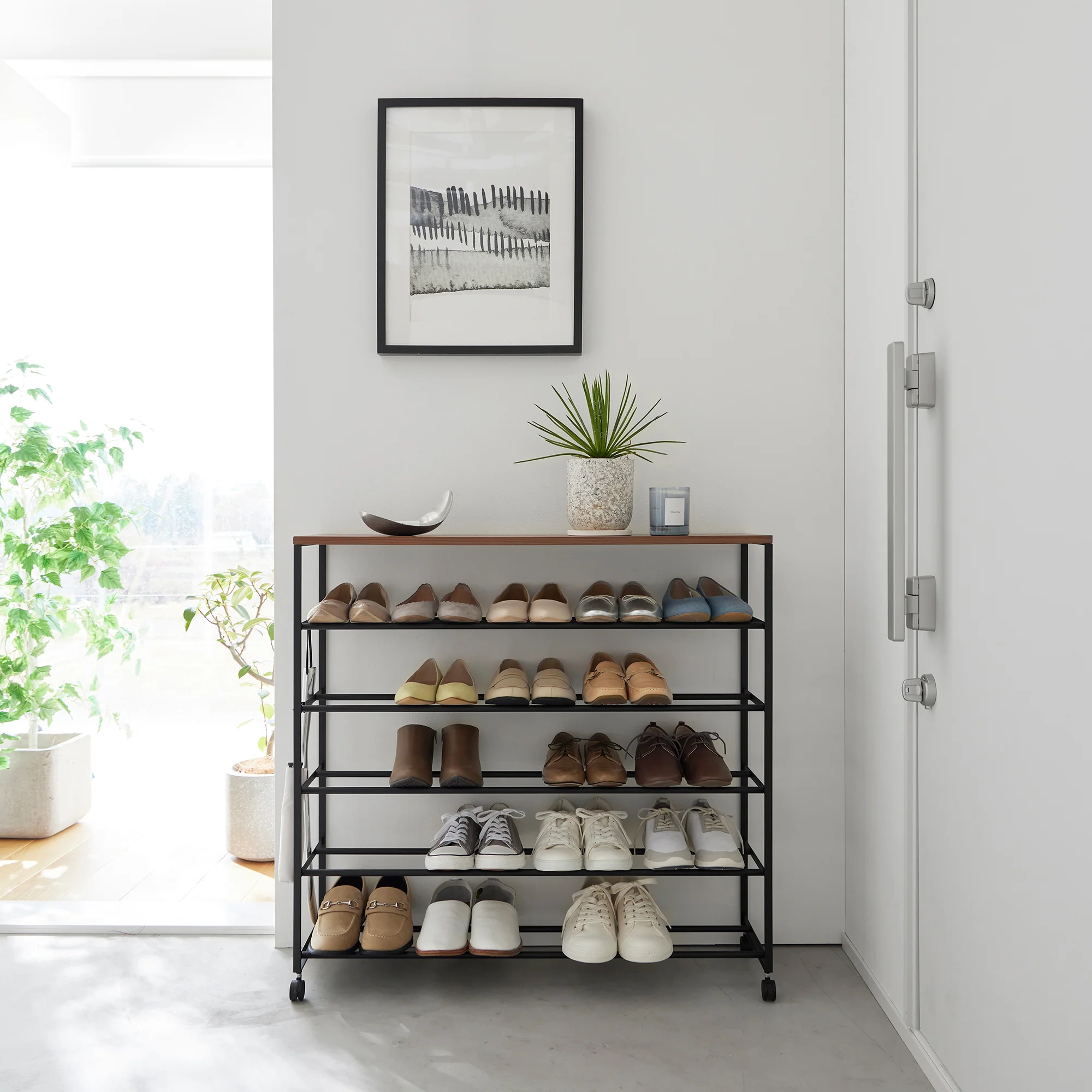 Rolling Five-Tier Shoe Rack (34.25" H) - Steel + Wood - Image 11