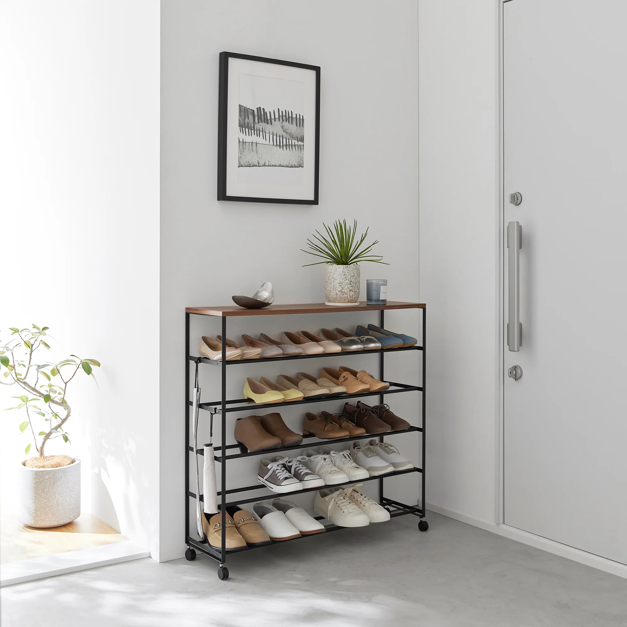 Rolling Five-Tier Shoe Rack (34.25" H) - Steel + Wood - Image 13