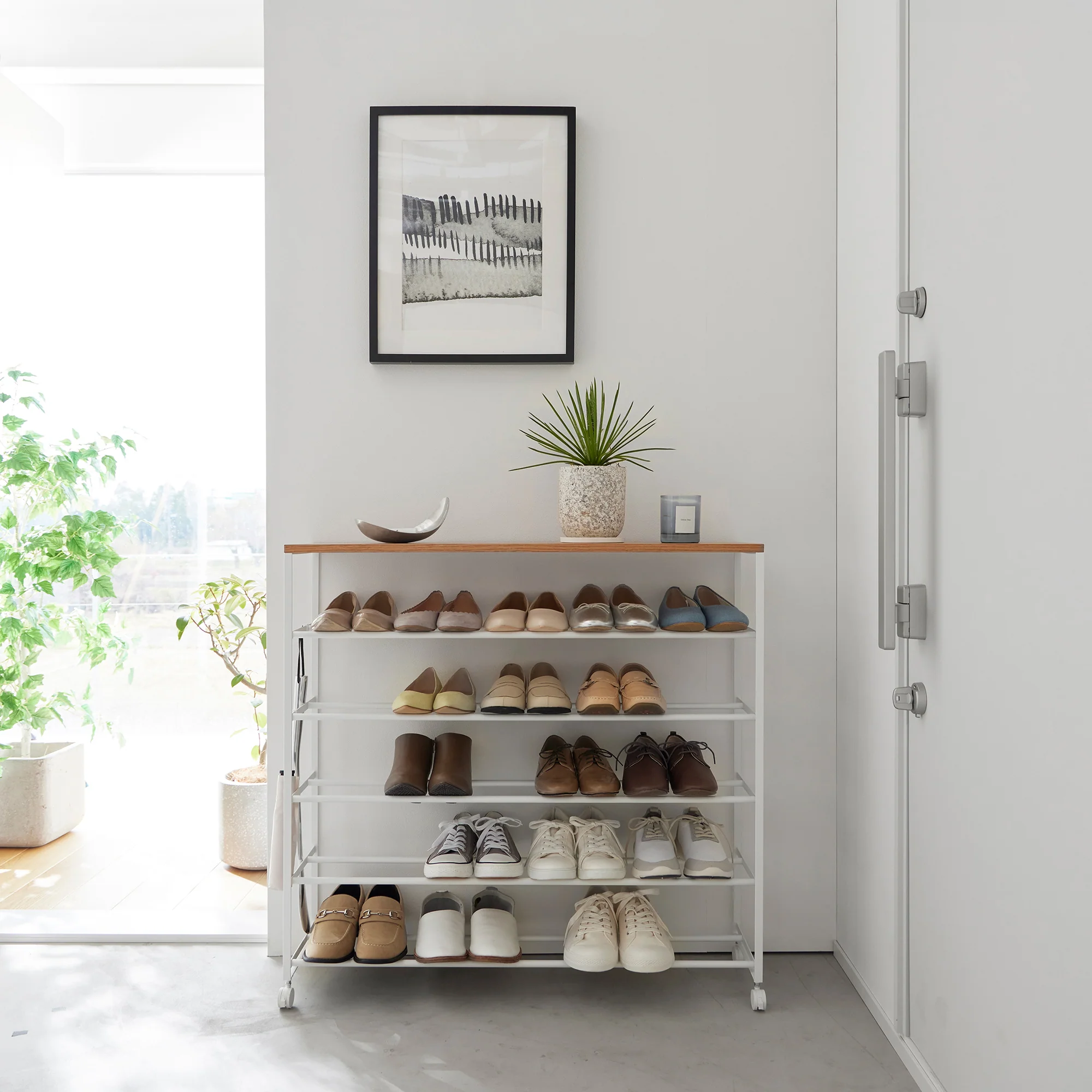 Rolling Five-Tier Shoe Rack (34.25" H) - Steel + Wood - Image 3