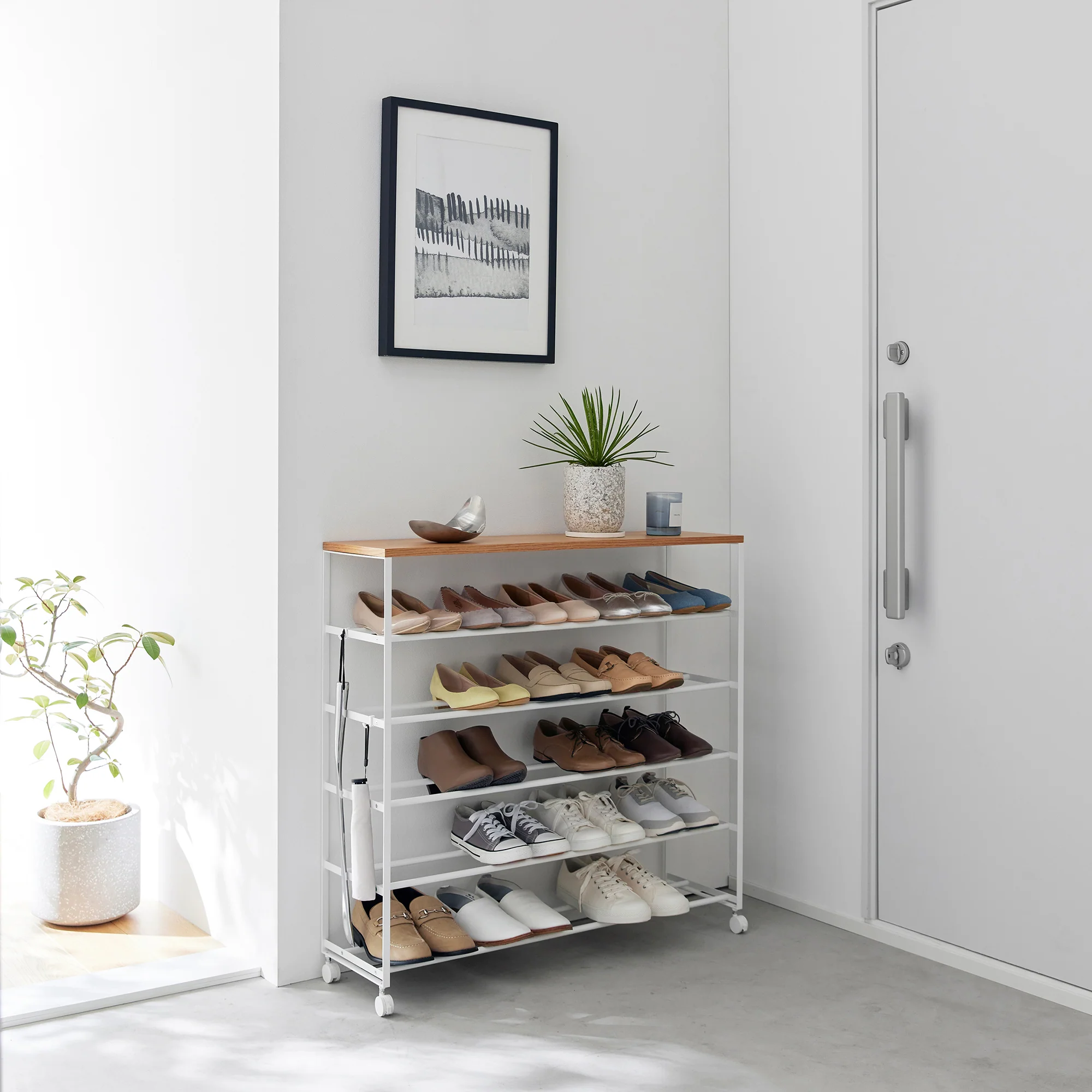 Rolling Five-Tier Shoe Rack (34.25" H) - Steel + Wood - Image 5