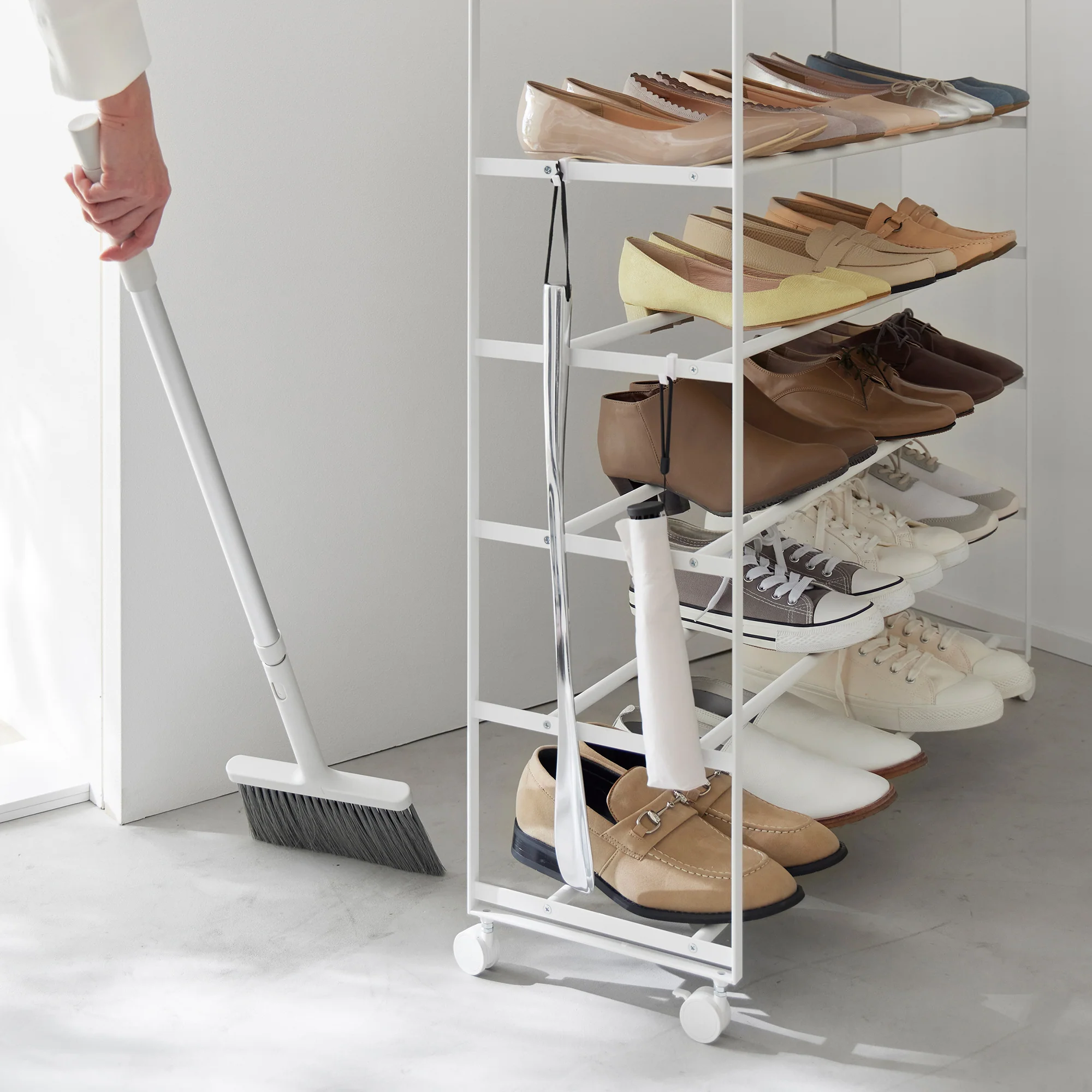 Rolling Five-Tier Shoe Rack (34.25" H) - Steel + Wood - Image 6