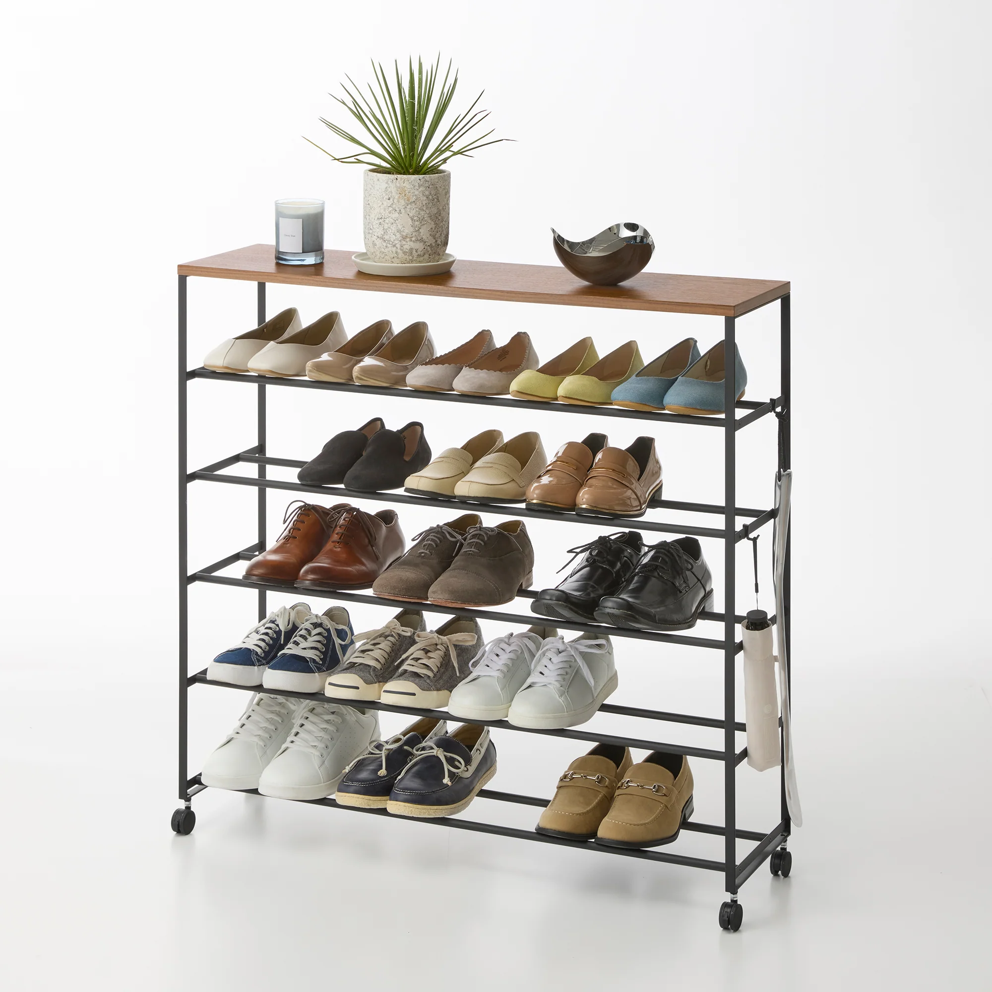 Rolling Five-Tier Shoe Rack (34.25" H) - Steel + Wood - Image 9